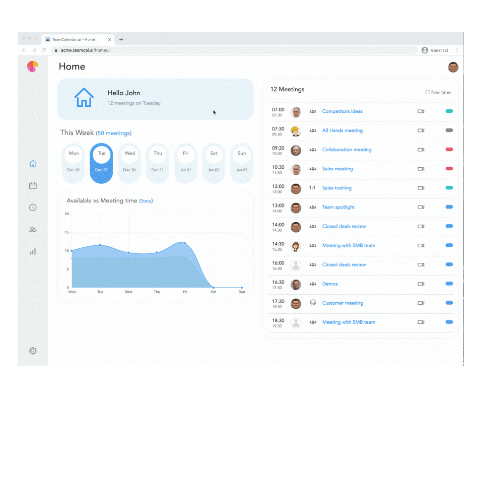 Teamcal Ai's home page dashboard